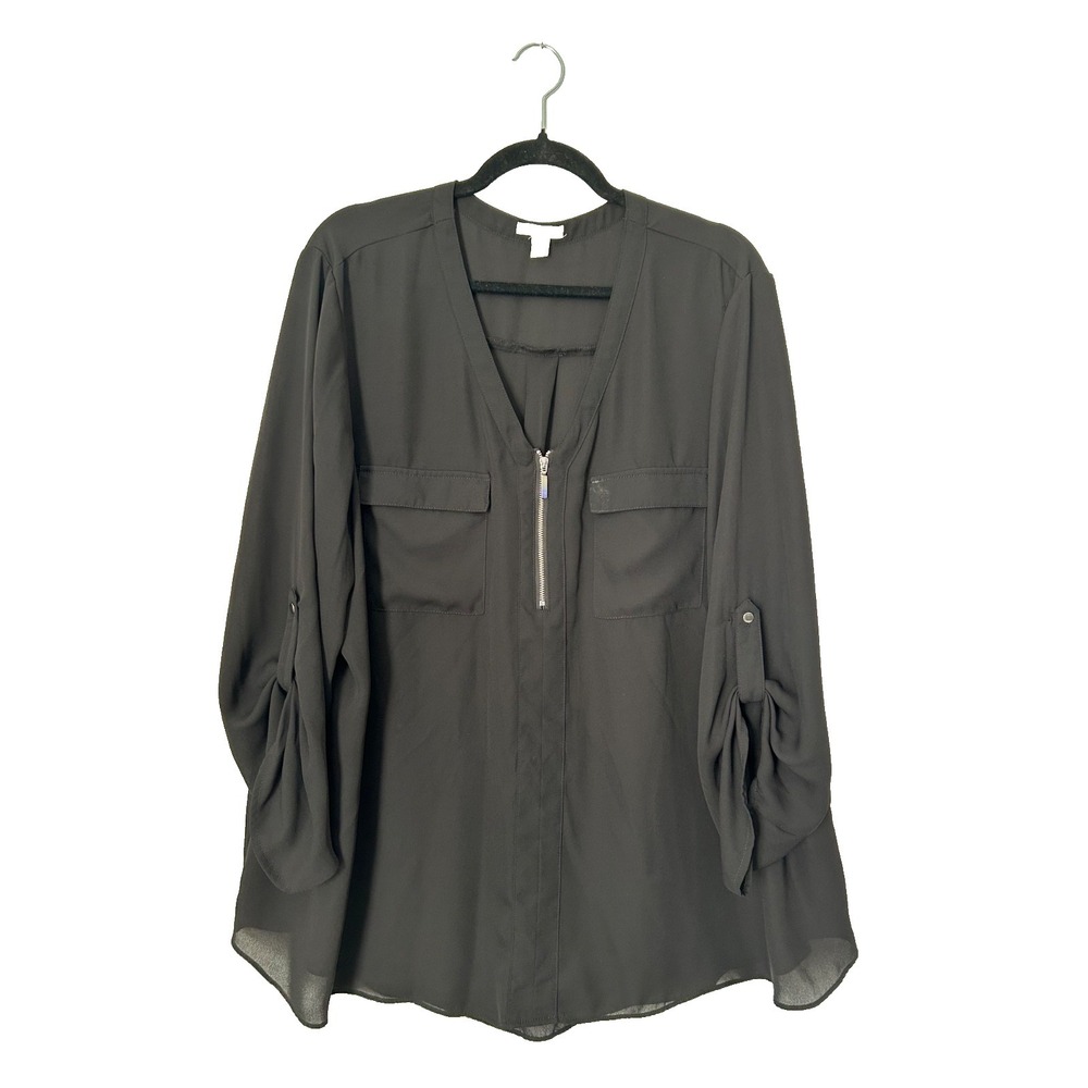 Cato Top Women's 22W/24W Black Pullover Silver Zip Blouse Pockets Roll Tab Cuff
